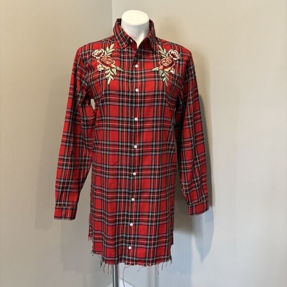 Kendall + Kylie Shirt Dress Small Red Plaid Embroidered Raw Hem Button Front - Picture 2 of 13